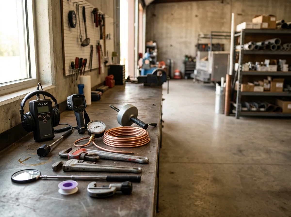 Professional plumbing tools and diagnostic equipment arranged on a work surface, representing the specialized leak detection and repair services offered.