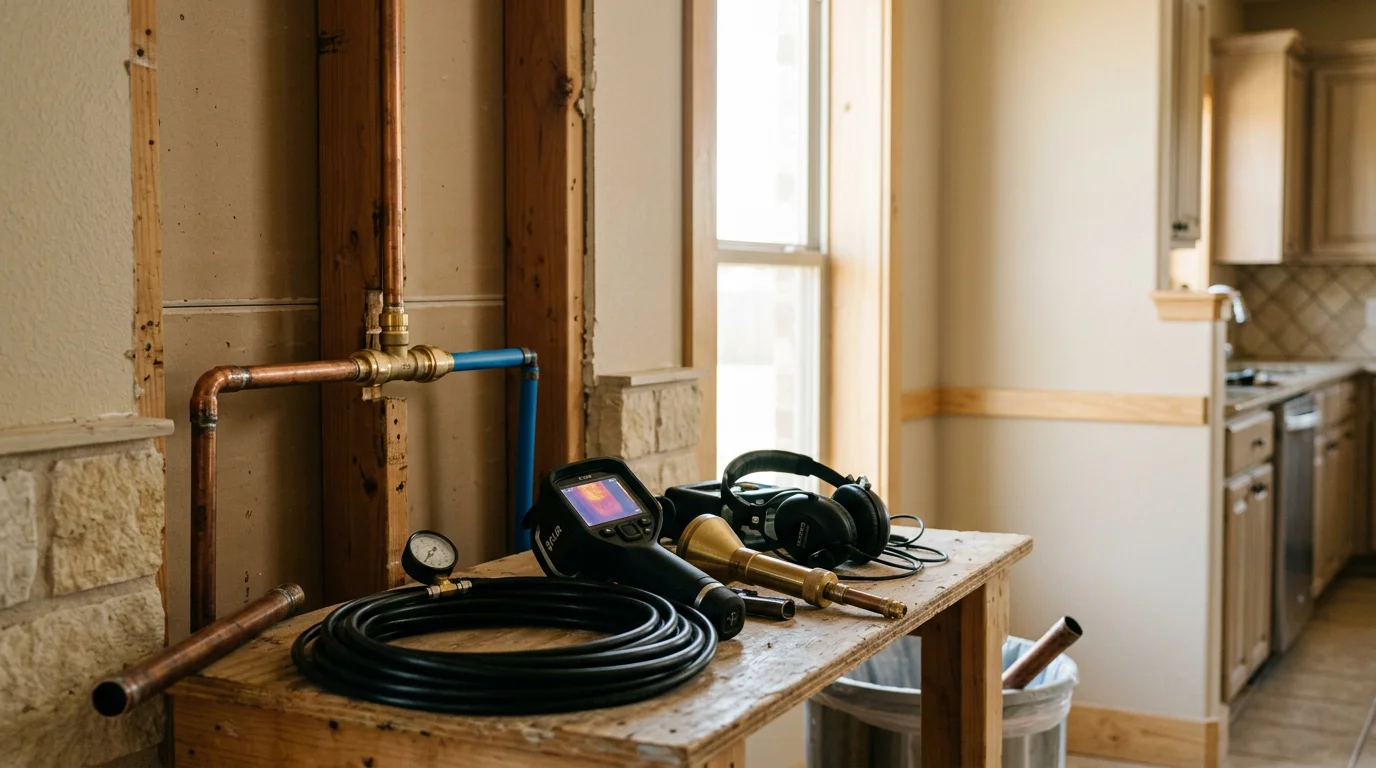 Plumber using diagnostic equipment to locate a hidden water leak in a residential home.
