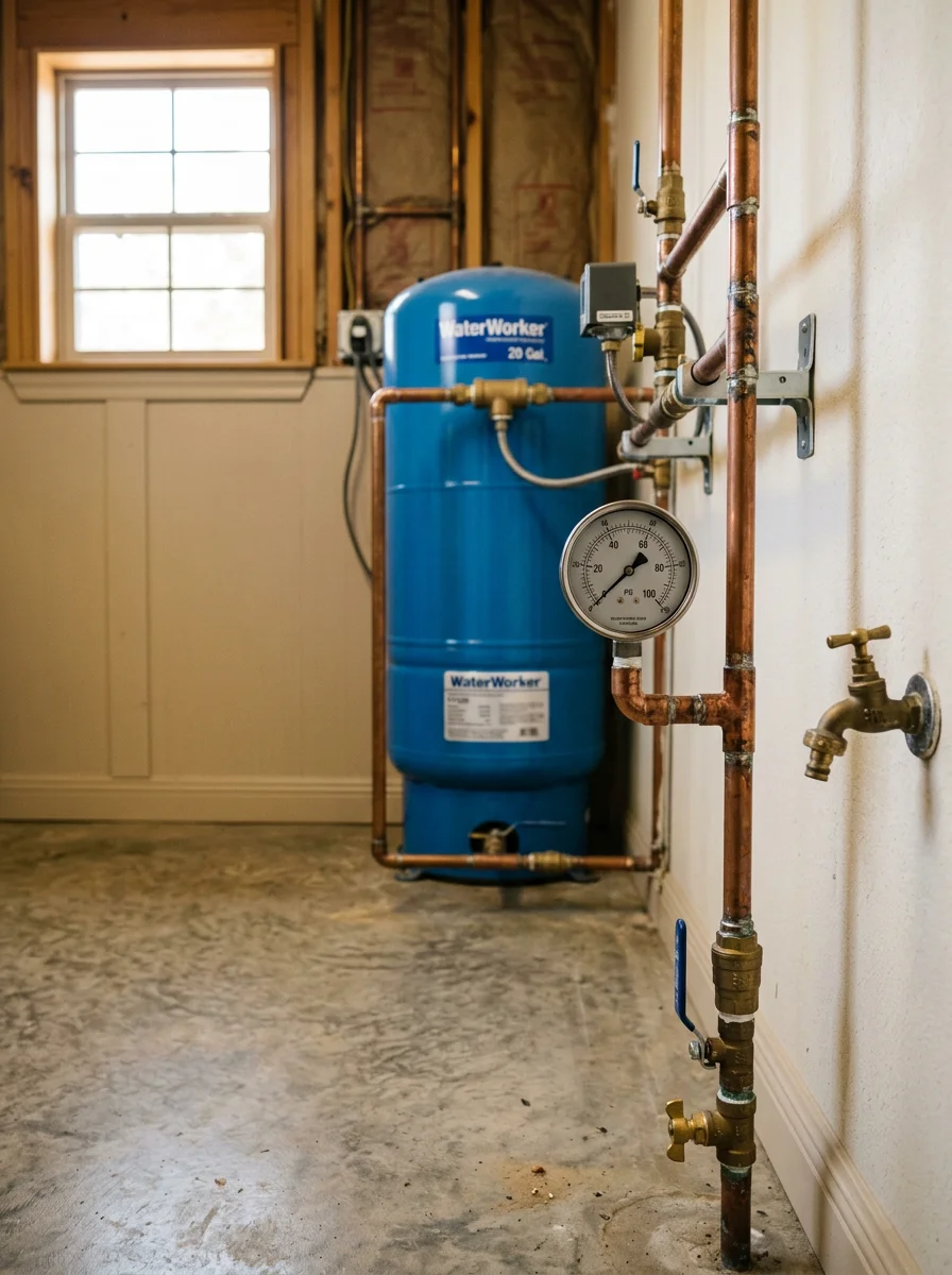 Pressure testing equipment connected to a supply line at an Argyle, TX estate property, with a well pressure tank visible in the utility room.