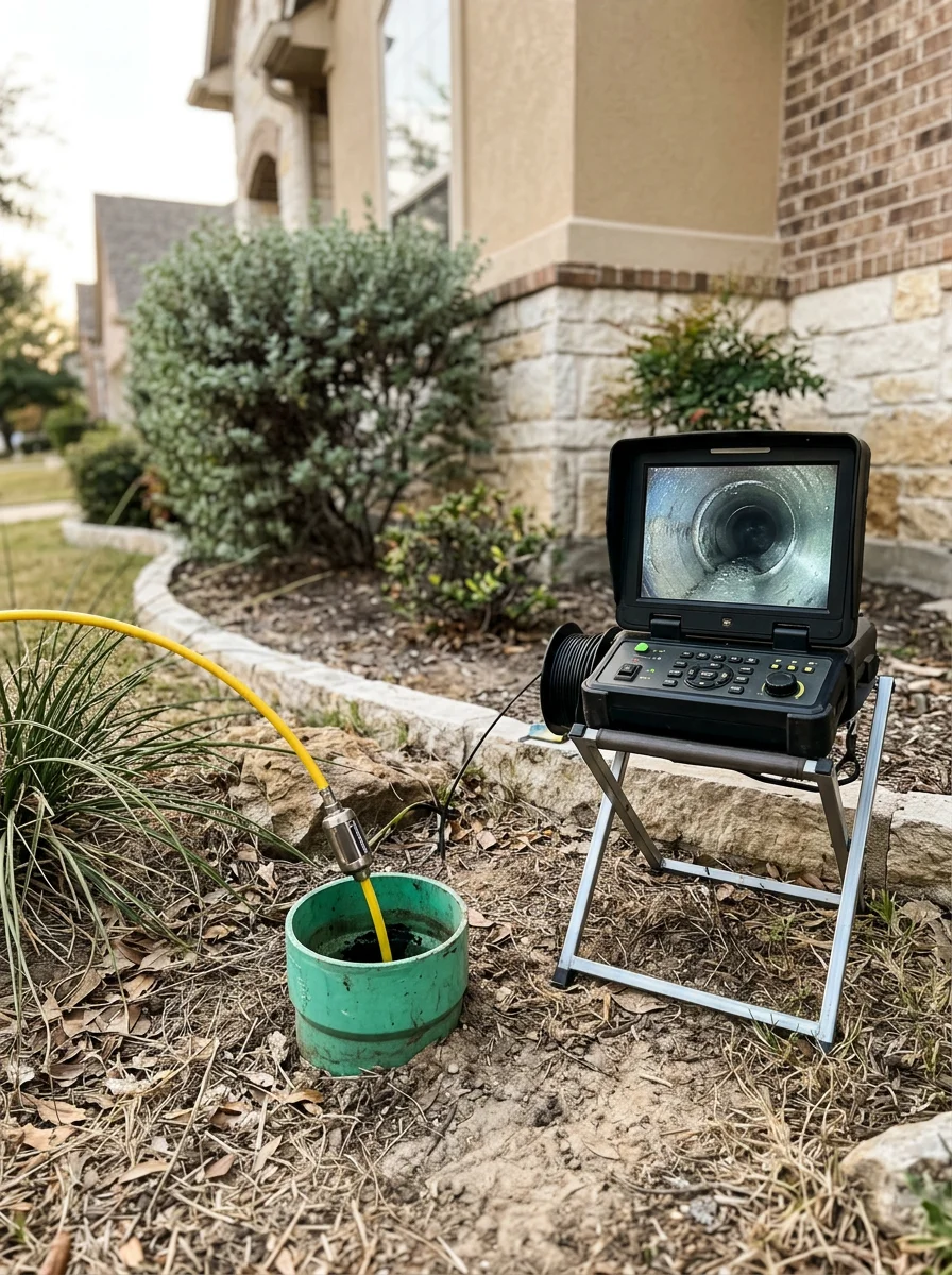 Sewer camera inspection in progress at a Flower Mound, TX property, showing the camera feed monitor and the technician feeding the cable into a cleanout access point.