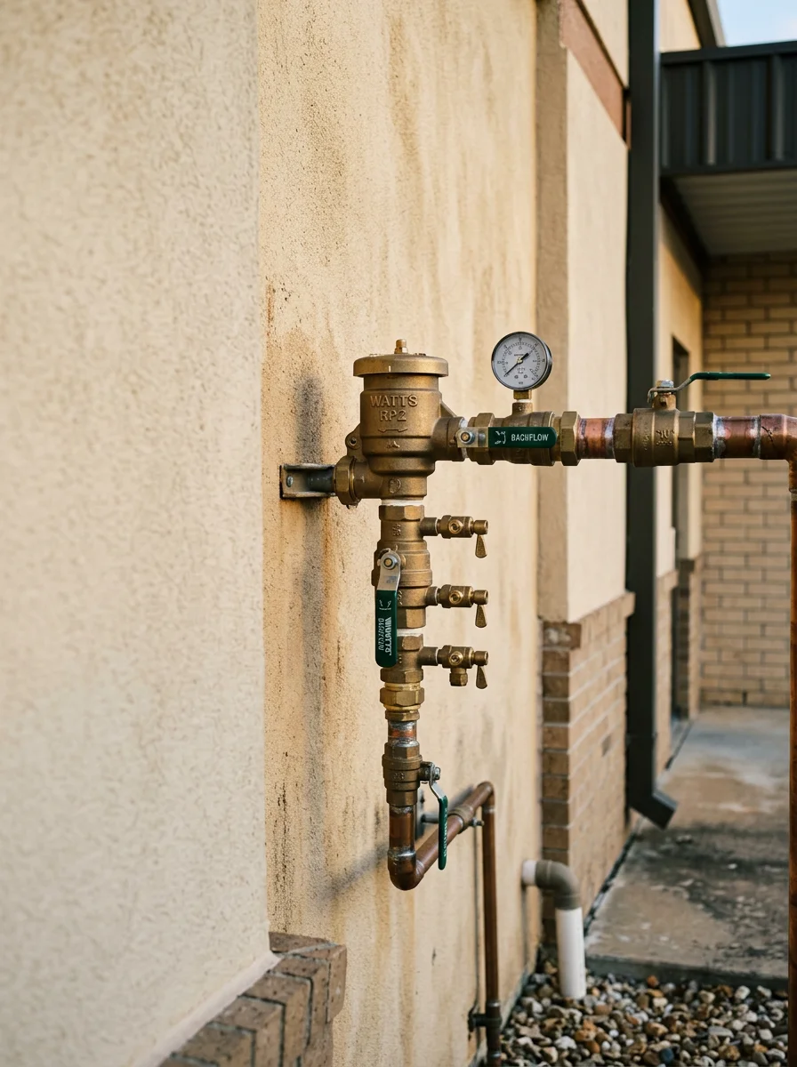 Backflow preventer inspection on a commercial property in the Haslet, TX Alliance Corridor, showing the preventer assembly and supply line connections.