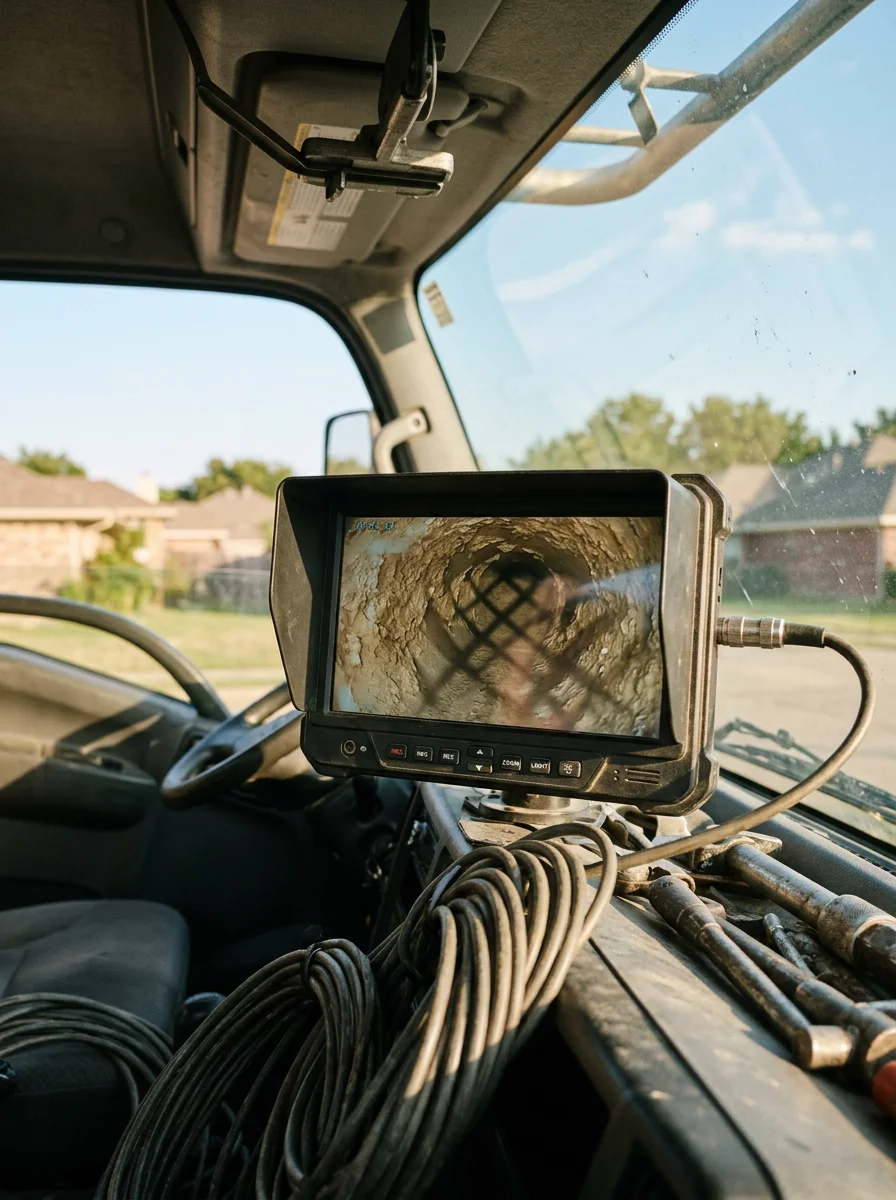 Close-up of a sewer camera inspection monitor showing the interior of a drain line beneath a Justin, TX residential property.