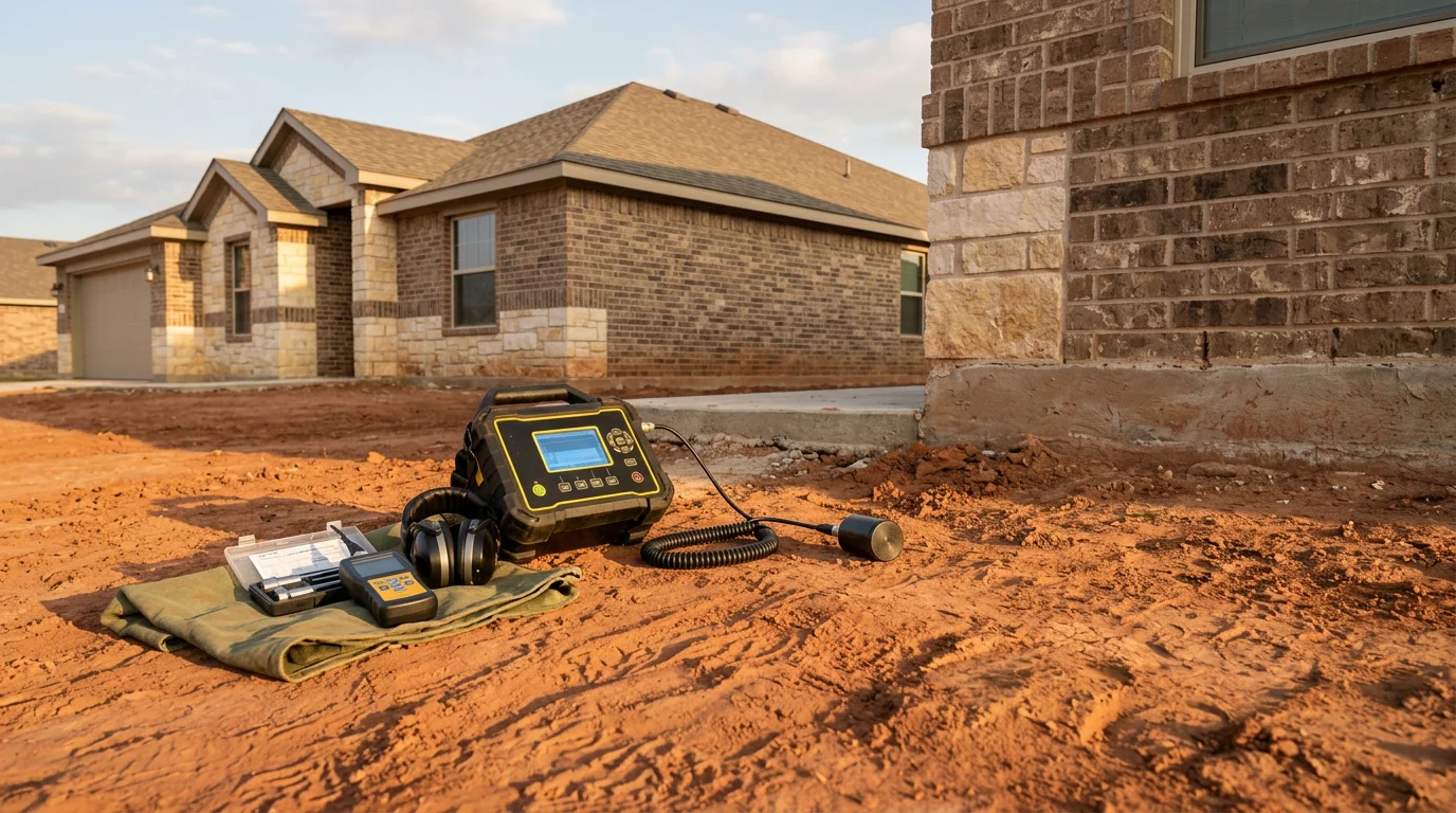 Plumber using acoustic leak detection equipment on a slab-on-grade home in a Justin, TX subdivision, with clay soil visible along the foundation perimeter.