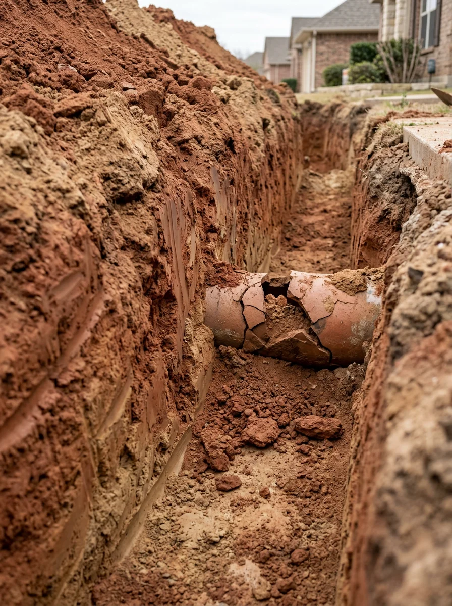 Close-up of a pipe repair excavation on a Keller, TX residential property, showing a cracked clay drain line surrounded by expansive clay soil.