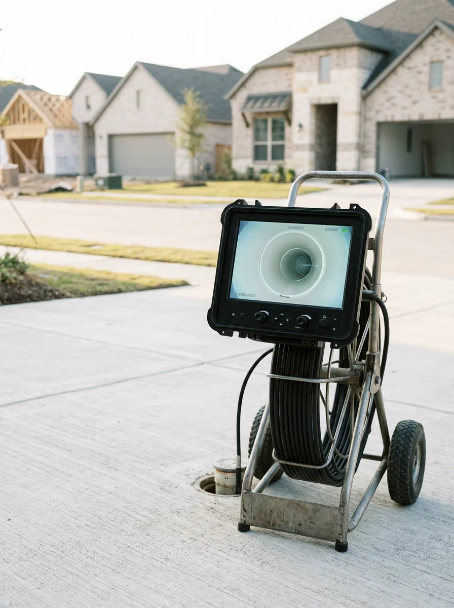 Sewer camera inspection monitor displaying the interior of a drain line beneath a new slab-on-grade home in a Northlake, TX master-planned community.