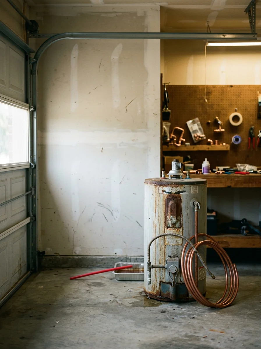 Water heater replacement in progress in a Roanoke, TX garage, showing the old tank unit being disconnected from supply lines.