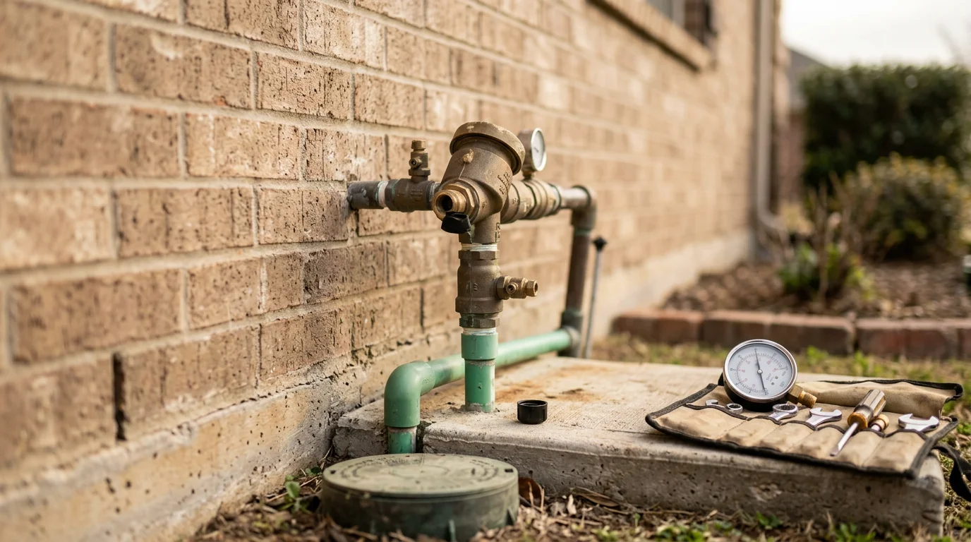A plumber testing a backflow prevention assembly mounted on an exterior wall of a residential property in Justin, Texas. The technician uses calibrated gauge equipment to check pressure readings on the assembly.