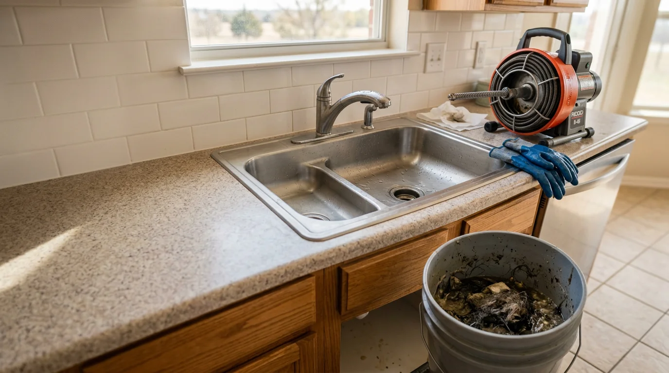 A plumber from Plumb Addict Services LLC clearing a clogged kitchen drain in a Justin, Texas home. The drain line is open and water flow has been restored at the sink.