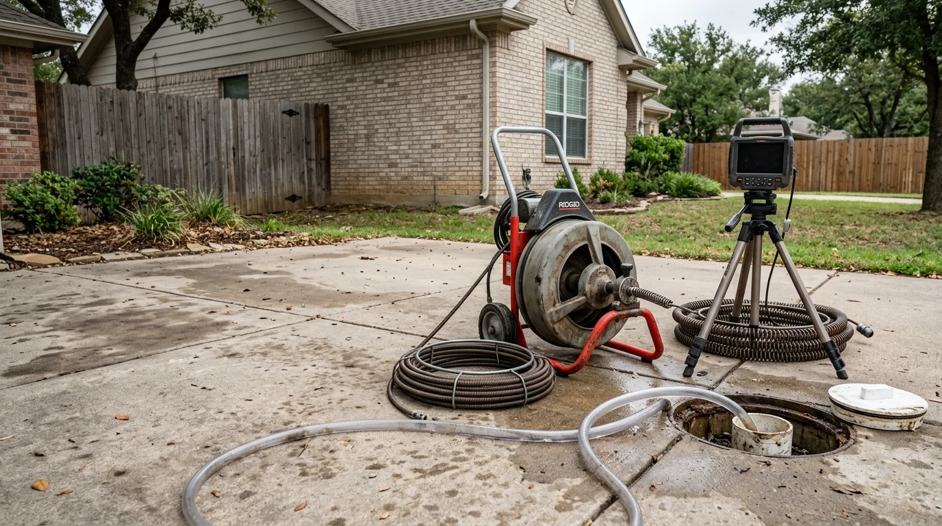 A plumber from Plumb Addict Services LLC clearing a blocked kitchen drain line in a Justin, Texas home. The drain pipe is open and a professional drain cleaning tool is inserted into the line.