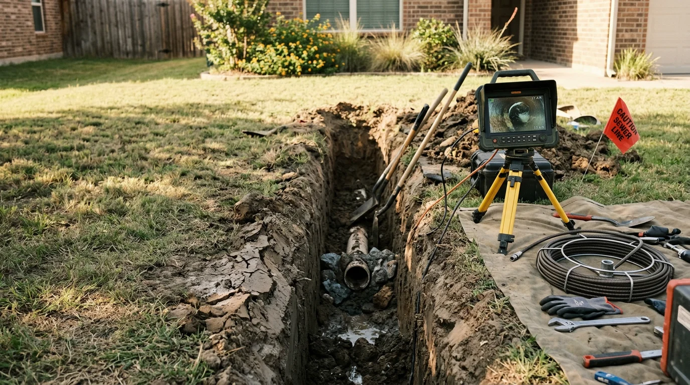 A repaired underground drain pipe in a residential yard in Justin, Texas, showing a restored pipe section in clay soil. A plumber from Plumb Addict Services LLC inspects the completed repair at the excavation site.