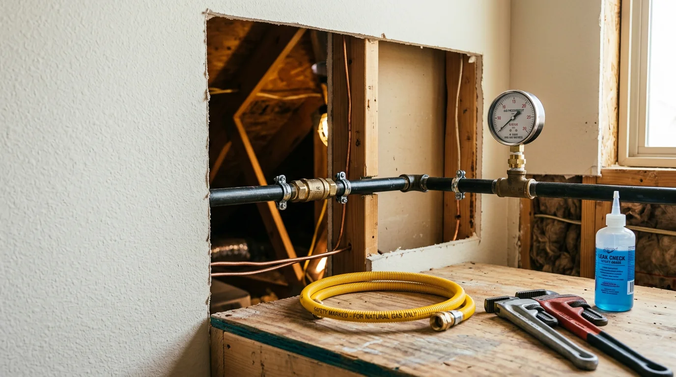 A plumber inspecting and repairing an exposed residential gas line connection inside a North Texas home. The image shows pipe fittings and a pressure gauge in a utility area typical of Justin-area construction.