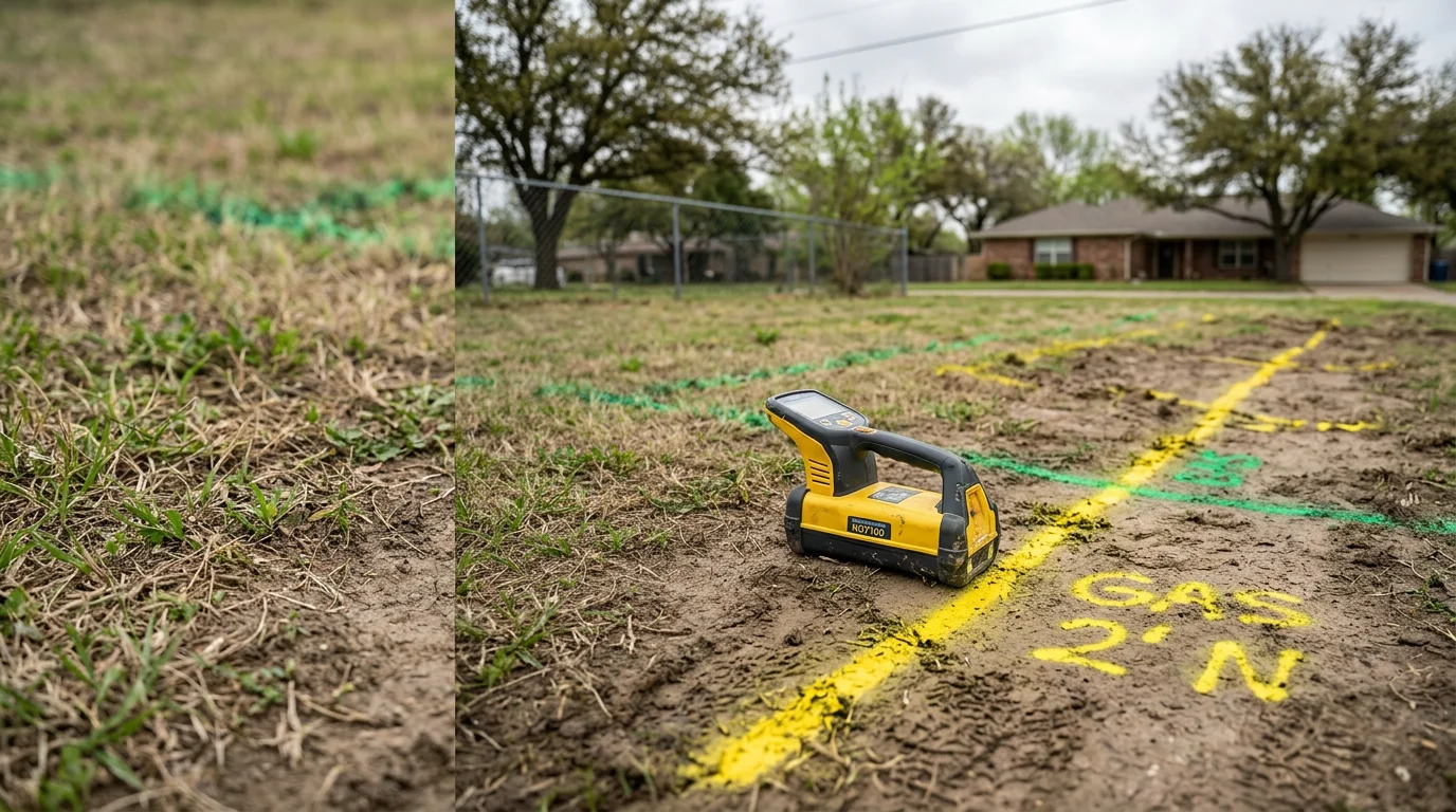 A technician using electronic locating equipment to mark the path of a buried gas line in a residential yard in Justin, Texas. Yellow surface markings indicate the traced gas line route running from the meter toward the home.