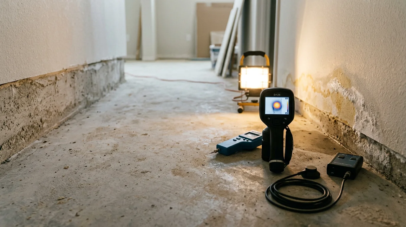 A plumber from Plumb Addict Services LLC checking for a slab leak beneath a residential foundation in Justin, Texas. The image shows a concrete slab floor being assessed for signs of water intrusion in a Denton County home.