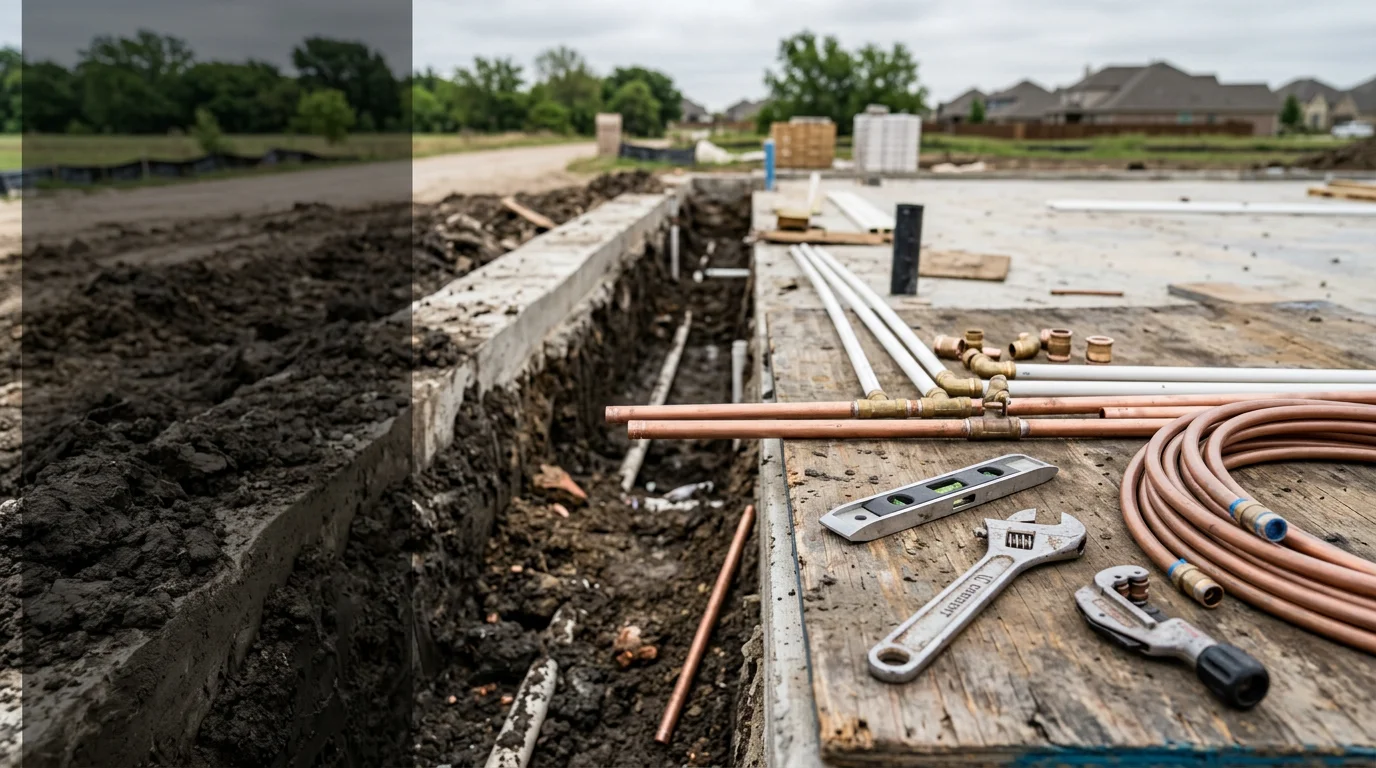 A plumber installing new water supply pipes beneath a residential slab in Justin, Texas, with clay soil visible in the open trench alongside the foundation.