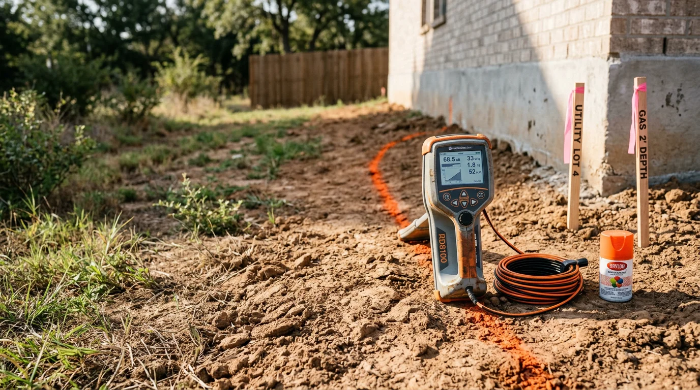 A pipe locating technician using electronic detection equipment on a residential property in Justin, Texas, marking the path of a buried pipe in a clay-soil yard. The surface remains undisturbed while the underground pipe route is traced and flagged.