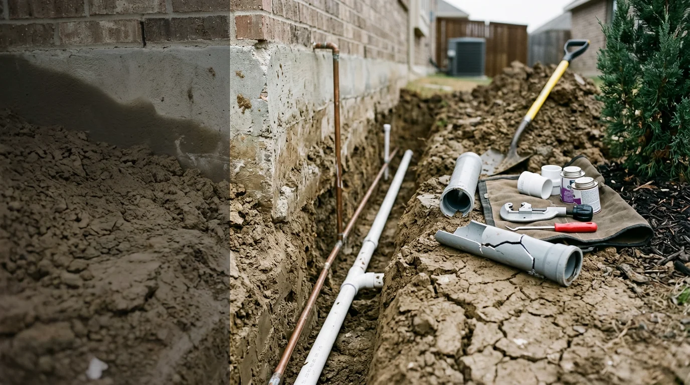 A plumber repairing a cracked supply pipe beneath a residential slab in Justin, Texas. The exposed pipe section shows a separated joint typical of North Texas clay soil movement.