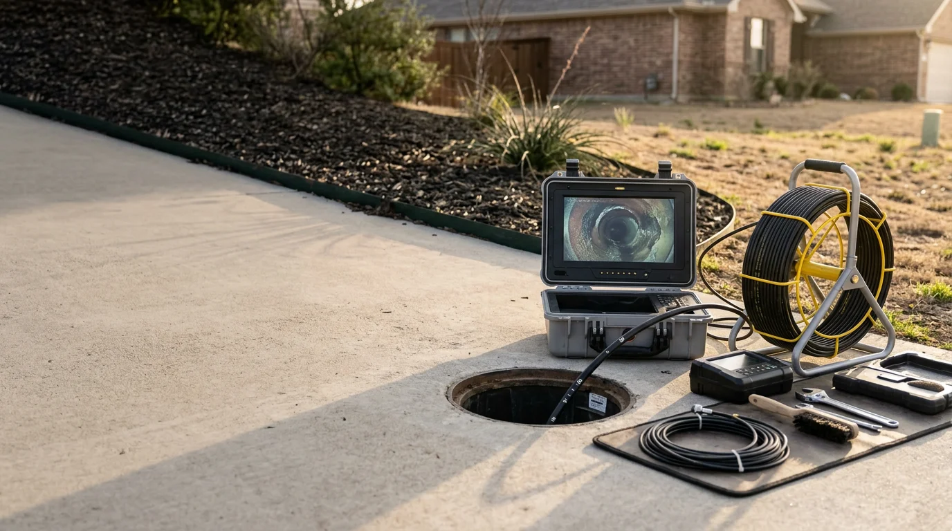 A plumber from Plumb Addict Services LLC feeds a sewer inspection camera into a cleanout access point at a residential property in Justin, Texas. The camera monitor displays a live view of the interior of a clay-soil-stressed sewer pipe showing a visible joint offset underground.