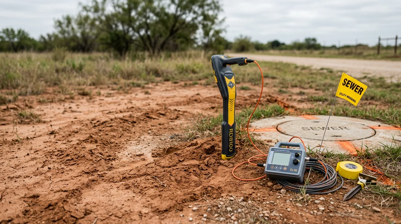 A plumber using an above-ground electronic receiver to trace an underground sewer line path across a residential yard in Justin, Texas. Small marking flags indicate the mapped route of the buried pipe through clay soil.