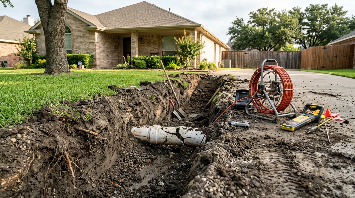 A repaired residential sewer line trench in a Justin, Texas backyard showing exposed clay soil and a restored pipe connection. A drainage service technician from Plumb Addict Services LLC inspects the completed sewer line repair site.