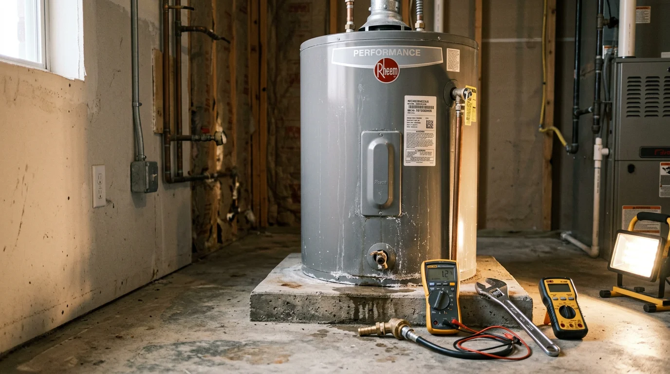 A plumber from Plumb Addict Services LLC inspecting a tank water heater in a Justin, Texas home utility closet. The unit shows signs of sediment buildup common in North Texas hard-water areas.
