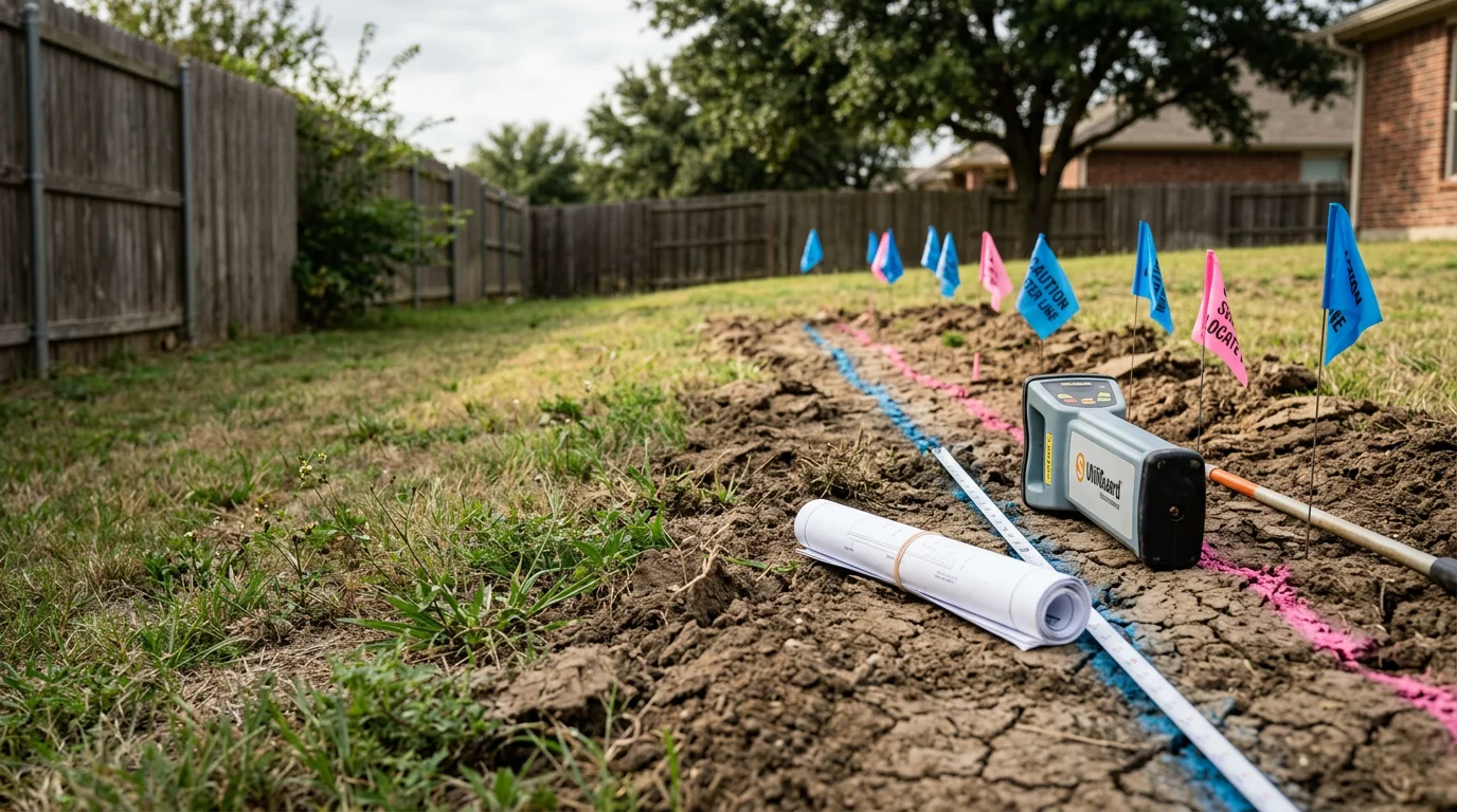 A technician from Plumb Addict Services LLC using electronic locating equipment to trace a buried water line in a residential yard in Justin, Texas. Ground markings indicate the confirmed path of the underground water line before excavation begins.